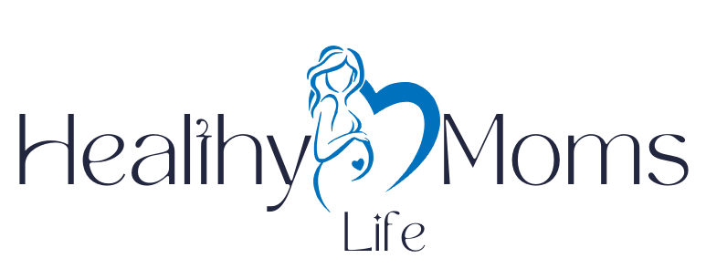 Healthy Moms Life logo: stylized pregnant woman silhouette within a blue heart, text 'Healthy Moms' in dark blue, 'Life' in smaller font below.