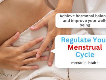 Close-up of a woman's hands gently resting on her lower abdomen, with text overlays reading 'Achieve hormonal balance and improve your well-being' and 'Regulate Your Menstrual Cycle,' emphasizing menstrual health.